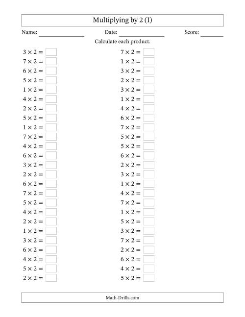 The Horizontally Arranged Multiplying (1 to 7) by 2 (50 Questions) (I) Math Worksheet