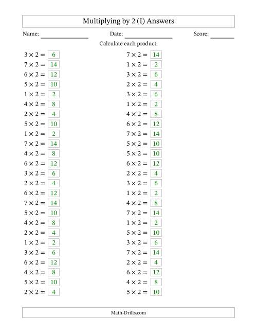 The Horizontally Arranged Multiplying (1 to 7) by 2 (50 Questions) (I) Math Worksheet Page 2