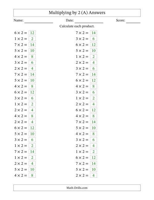 The Horizontally Arranged Multiplying (1 to 7) by 2 (50 Questions) (All) Math Worksheet Page 2
