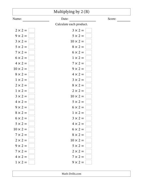 The Horizontally Arranged Multiplying (1 to 10) by 2 (50 Questions) (B) Math Worksheet