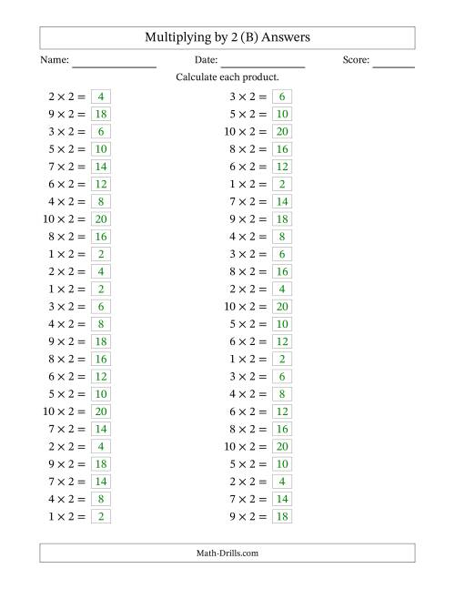 The Horizontally Arranged Multiplying (1 to 10) by 2 (50 Questions) (B) Math Worksheet Page 2