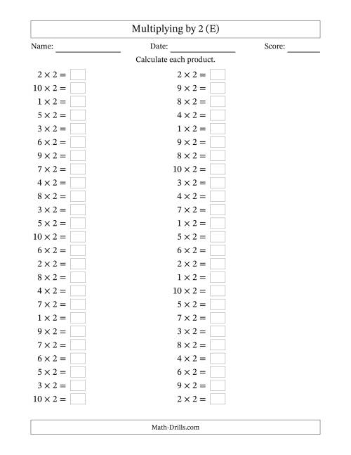 The Horizontally Arranged Multiplying (1 to 10) by 2 (50 Questions) (E) Math Worksheet