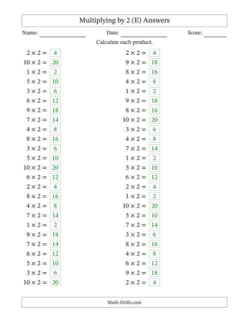 The Horizontally Arranged Multiplying (1 to 10) by 2 (50 Questions) (E) Math Worksheet Page 2