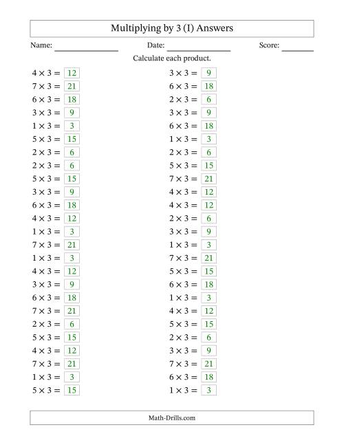 The Horizontally Arranged Multiplying (1 to 7) by 3 (50 Questions) (I) Math Worksheet Page 2