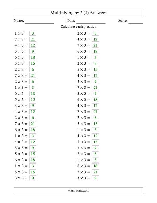 The Horizontally Arranged Multiplying (1 to 7) by 3 (50 Questions) (J) Math Worksheet Page 2