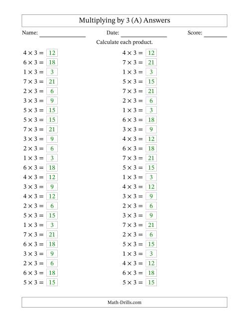 The Horizontally Arranged Multiplying (1 to 7) by 3 (50 Questions) (All) Math Worksheet Page 2