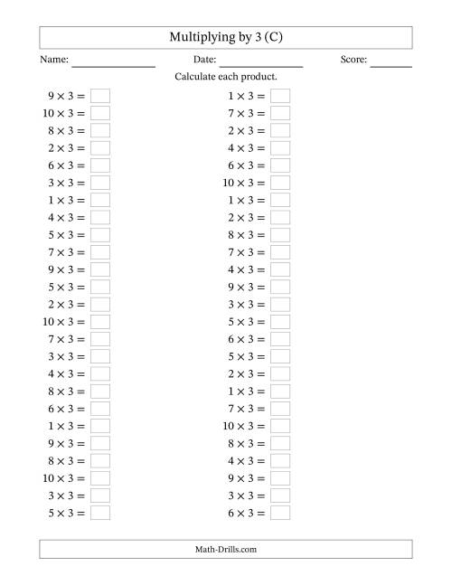 The Horizontally Arranged Multiplying (1 to 10) by 3 (50 Questions) (C) Math Worksheet