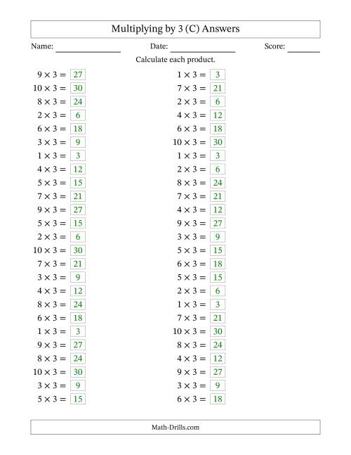 The Horizontally Arranged Multiplying (1 to 10) by 3 (50 Questions) (C) Math Worksheet Page 2