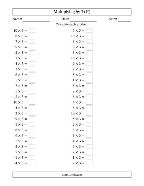 The Horizontally Arranged Multiplying (1 to 10) by 3 (50 Questions) (H) Math Worksheet