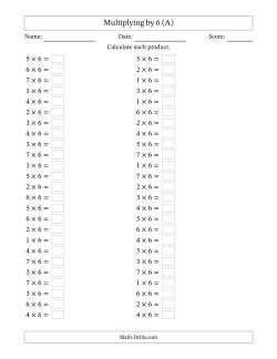 Horizontally Arranged Multiplying (1 to 7) by 6 (50 Questions)