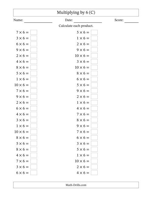 The Horizontally Arranged Multiplying (1 to 10) by 6 (50 Questions) (C) Math Worksheet