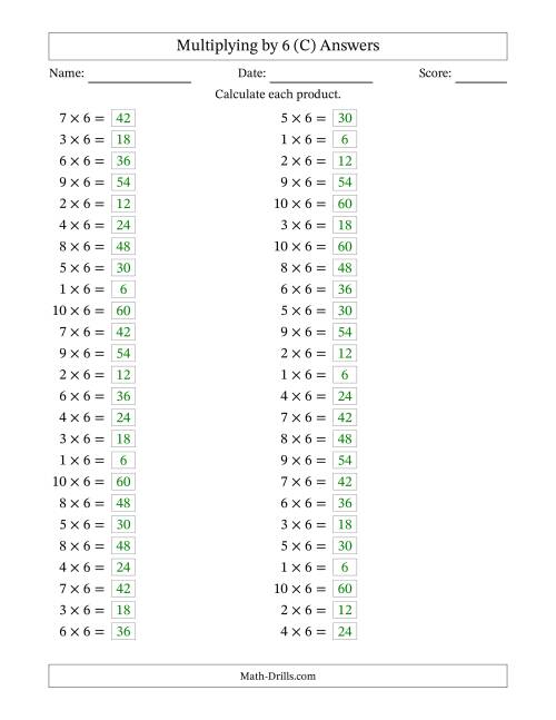 The Horizontally Arranged Multiplying (1 to 10) by 6 (50 Questions) (C) Math Worksheet Page 2