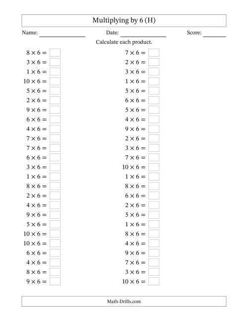 The Horizontally Arranged Multiplying (1 to 10) by 6 (50 Questions) (H) Math Worksheet