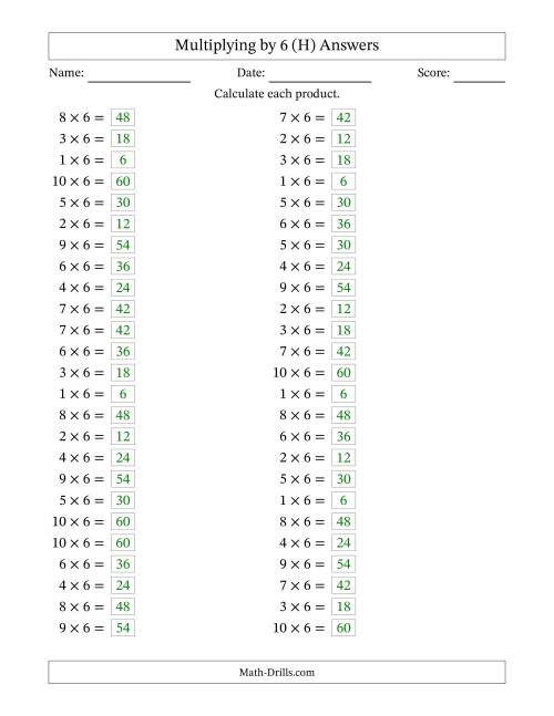 The Horizontally Arranged Multiplying (1 to 10) by 6 (50 Questions) (H) Math Worksheet Page 2