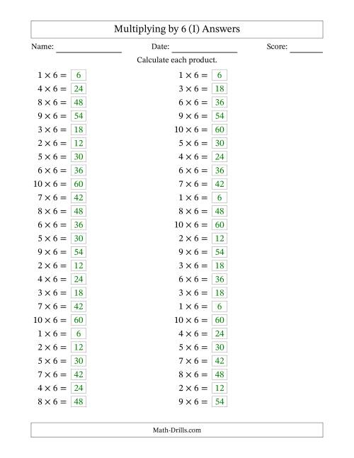 The Horizontally Arranged Multiplying (1 to 10) by 6 (50 Questions) (I) Math Worksheet Page 2