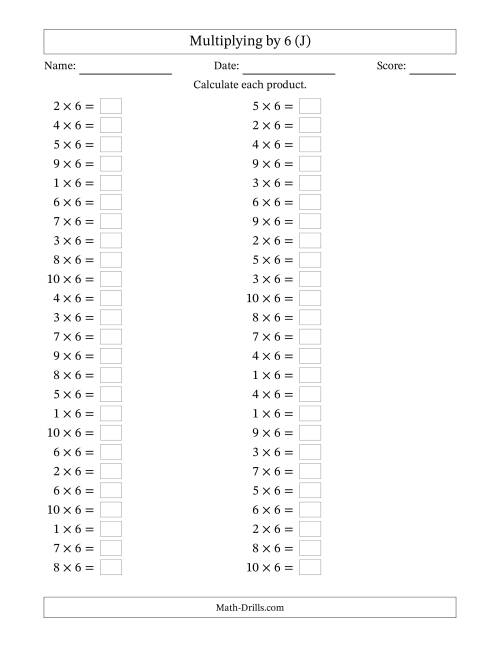 The Horizontally Arranged Multiplying (1 to 10) by 6 (50 Questions) (J) Math Worksheet