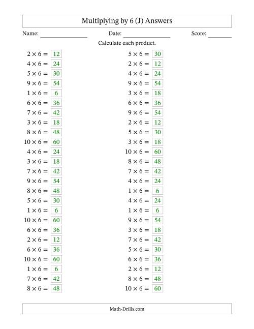 The Horizontally Arranged Multiplying (1 to 10) by 6 (50 Questions) (J) Math Worksheet Page 2