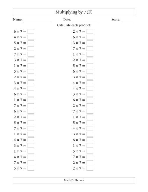 The Horizontally Arranged Multiplying (1 to 7) by 7 (50 Questions) (F) Math Worksheet