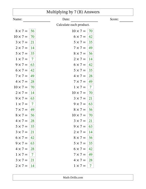 The Horizontally Arranged Multiplying (1 to 10) by 7 (50 Questions) (B) Math Worksheet Page 2