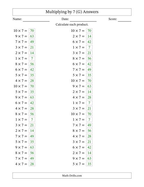 The Horizontally Arranged Multiplying (1 to 10) by 7 (50 Questions) (G) Math Worksheet Page 2