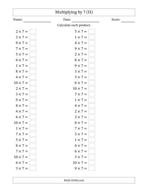 The Horizontally Arranged Multiplying (1 to 10) by 7 (50 Questions) (H) Math Worksheet