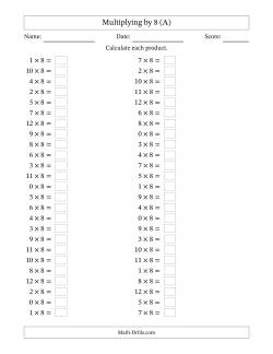 Horizontally Arranged Multiplying (0 to 12) by 8 (50 Questions)