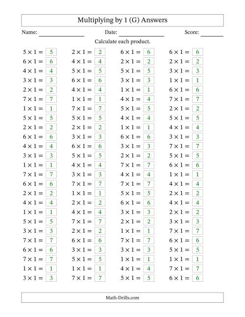 The Horizontally Arranged Multiplying (1 to 7) by 1 (100 Questions) (G) Math Worksheet Page 2