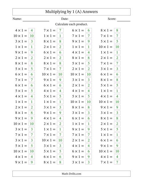 The Horizontally Arranged Multiplying (1 to 10) by 1 (100 Questions) (All) Math Worksheet Page 2
