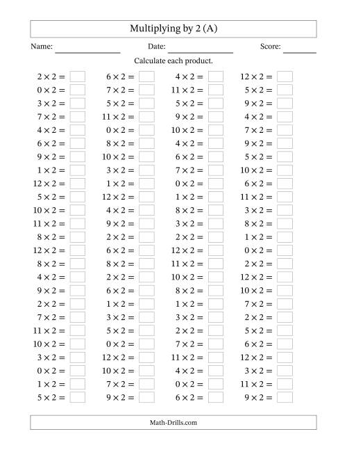 The Horizontally Arranged Multiplying (0 to 12) by 2 (100 Questions) (A) Math Worksheet