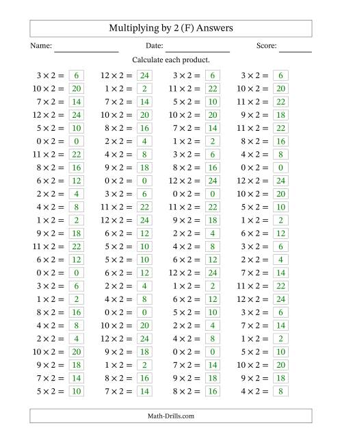 The Horizontally Arranged Multiplying (0 to 12) by 2 (100 Questions) (F) Math Worksheet Page 2
