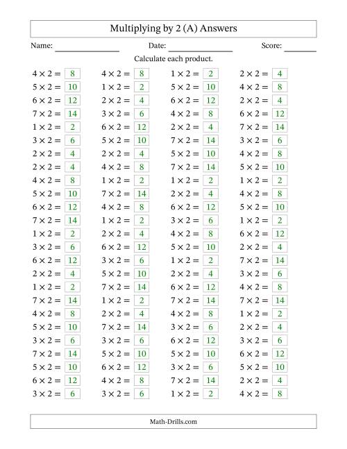 The Horizontally Arranged Multiplying (1 to 7) by 2 (100 Questions) (A) Math Worksheet Page 2