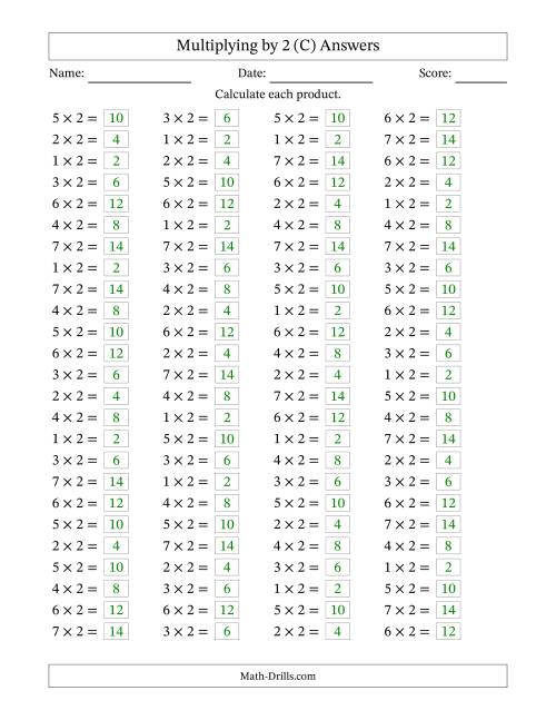 The Horizontally Arranged Multiplying (1 to 7) by 2 (100 Questions) (C) Math Worksheet Page 2