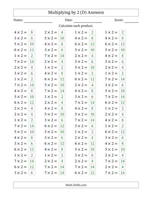 The Horizontally Arranged Multiplying (1 to 7) by 2 (100 Questions) (D) Math Worksheet Page 2