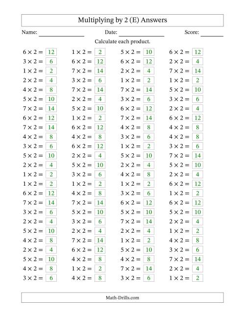 The Horizontally Arranged Multiplying (1 to 7) by 2 (100 Questions) (E) Math Worksheet Page 2