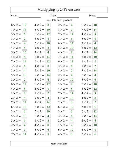 The Horizontally Arranged Multiplying (1 to 7) by 2 (100 Questions) (F) Math Worksheet Page 2