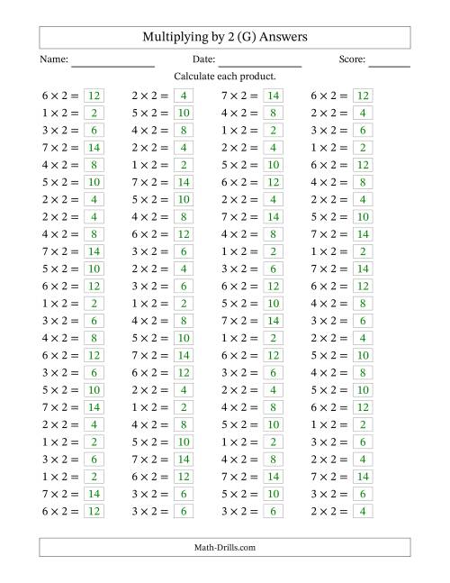 The Horizontally Arranged Multiplying (1 to 7) by 2 (100 Questions) (G) Math Worksheet Page 2