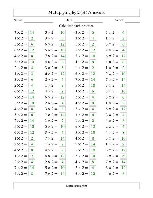 The Horizontally Arranged Multiplying (1 to 7) by 2 (100 Questions) (H) Math Worksheet Page 2