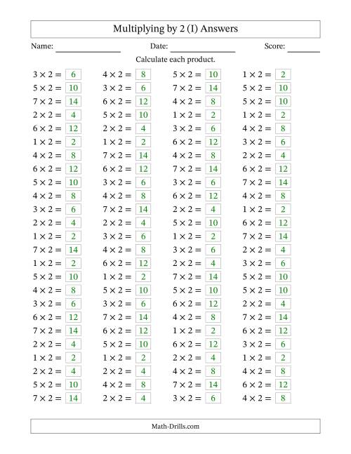 The Horizontally Arranged Multiplying (1 to 7) by 2 (100 Questions) (I) Math Worksheet Page 2