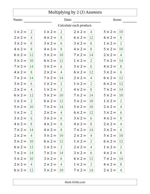 The Horizontally Arranged Multiplying (1 to 7) by 2 (100 Questions) (J) Math Worksheet Page 2