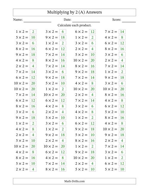 The Horizontally Arranged Multiplying (1 to 10) by 2 (100 Questions) (A) Math Worksheet Page 2
