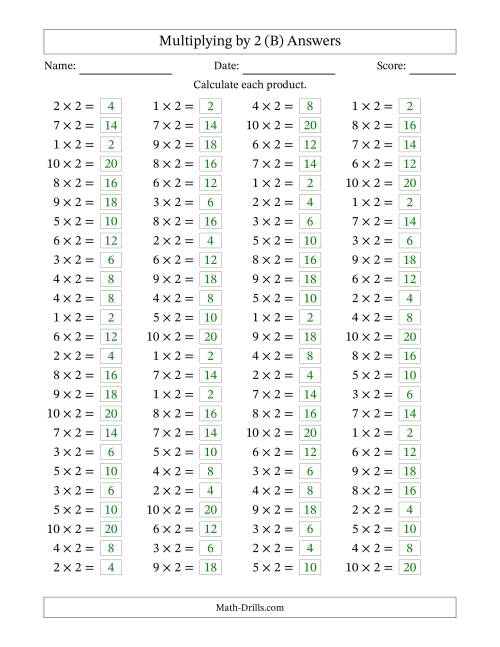The Horizontally Arranged Multiplying (1 to 10) by 2 (100 Questions) (B) Math Worksheet Page 2
