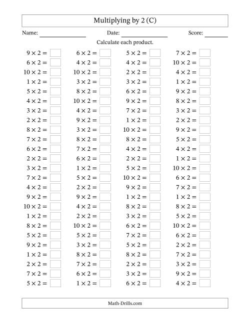 The Horizontally Arranged Multiplying (1 to 10) by 2 (100 Questions) (C) Math Worksheet