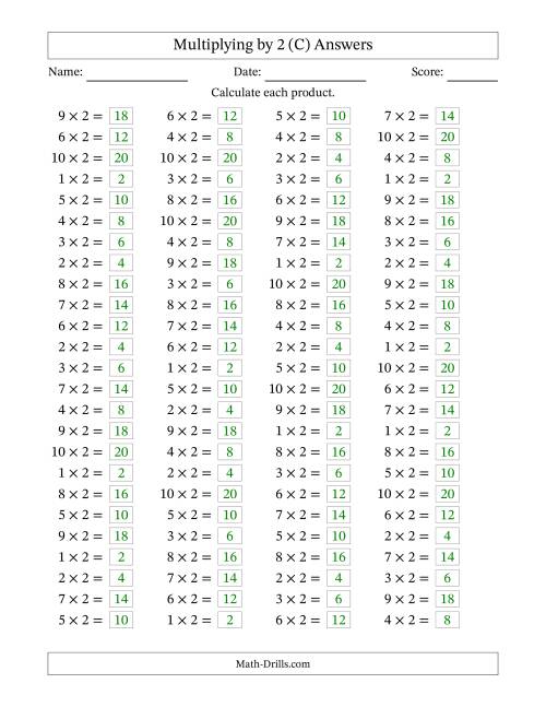 The Horizontally Arranged Multiplying (1 to 10) by 2 (100 Questions) (C) Math Worksheet Page 2