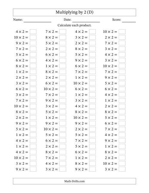 The Horizontally Arranged Multiplying (1 to 10) by 2 (100 Questions) (D) Math Worksheet