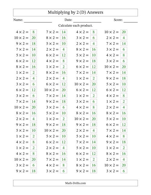 The Horizontally Arranged Multiplying (1 to 10) by 2 (100 Questions) (D) Math Worksheet Page 2
