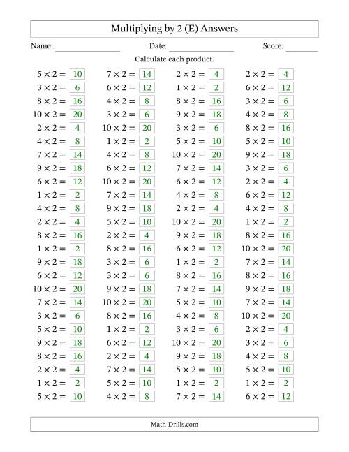 The Horizontally Arranged Multiplying (1 to 10) by 2 (100 Questions) (E) Math Worksheet Page 2