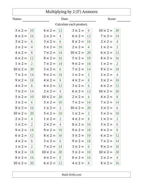 The Horizontally Arranged Multiplying (1 to 10) by 2 (100 Questions) (F) Math Worksheet Page 2