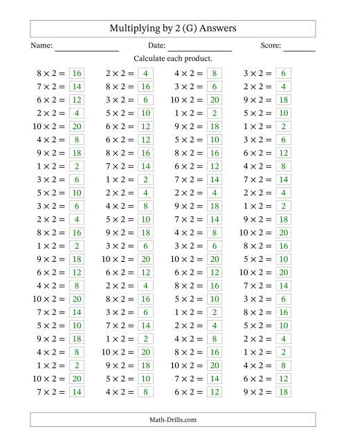 The Horizontally Arranged Multiplying (1 to 10) by 2 (100 Questions) (G) Math Worksheet Page 2
