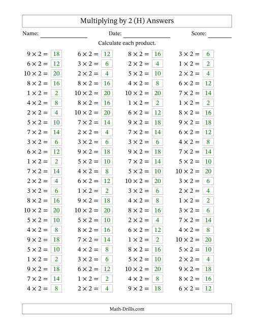 The Horizontally Arranged Multiplying (1 to 10) by 2 (100 Questions) (H) Math Worksheet Page 2