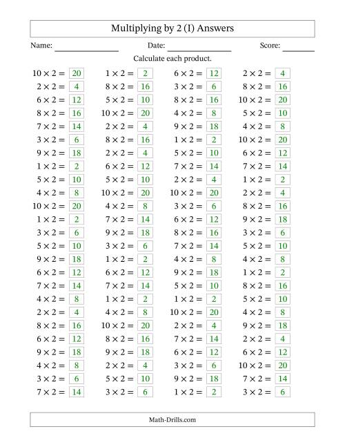 The Horizontally Arranged Multiplying (1 to 10) by 2 (100 Questions) (I) Math Worksheet Page 2